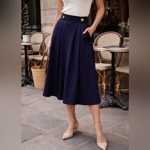 Vintage Navy Pleated Midi Skirt High Waist Gold Button